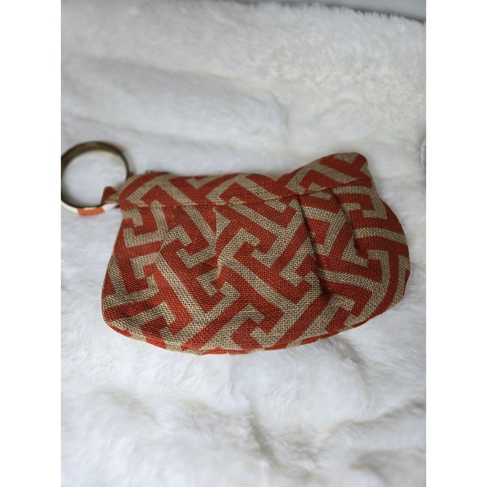 Mud Pie Orange Greek Key Jute Burlap Ring‎ Handle Clutch Bag Geometric Boho